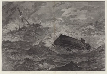 Die Katastrophen der Rettungsboote im Sturm der letzten Woche, eines der beiden Rettungsboote kenterte beim Versuch, die Besatzung der Bark Mexico an der Küste von Lancashire zu retten (Stich)