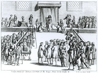 Die Art und Weise, wie seine Majestät die Krankheit namens Königskrankheit heilt, graviert von Frederick Hendrick van Hove