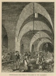 Der Streik der Maurer an den neuen Gerichtshöfen: Speisesaal für ausländische Arbeiter im Keller