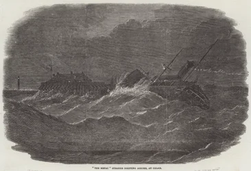 „The Menai“ Dampfer treibt an Land, in Calais (Gravur)