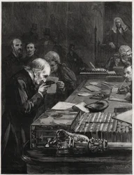 Die Eröffnung des Parlaments, 31. Januar 1893, Mr. William Ewart Gladstone, unterstützt von Mr. Marjoribanks und Mr. H. Gladstone, legt den Eid ab. Illustration für The Graphic