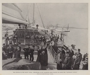Die Eröffnung des Ostseekanals, Abfahrt von Mr. Gladstone von Tilbury an Bord der "Tantallon Castle" (Gravur)