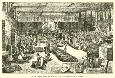 Die Verpackungshalle bei Messrs Moet und Chandon, Epernay (Stich)