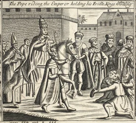 Der Papst reitet, der Kaiser hält seinen Zügel, Könige gehen vor ihm, Illustration aus Acts and Monuments von John Foxe, neunte Ausgabe, veröffentlicht 1684