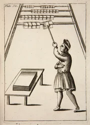 Der Drucker beim Aufhängen von Papier, veröffentlicht 1683 (Gravur)