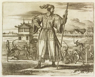 Der Oberbefehlshaber der chinesischen Armee, Illustration aus einer Beschreibung der Gesandtschaften nach China, 1690