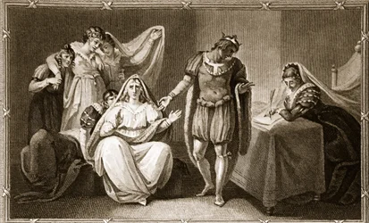 Die Königinwitwe stellt sich und ihre Töchter unter den Schutz von Richard III, Illustration aus David Humes The History of England, veröffentlicht von R. Bowyer, London, 1812