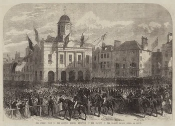 Der Besuch der Königin an der schottischen Grenze, Empfang Ihrer Majestät auf dem Marktplatz von Kelso (Stich)