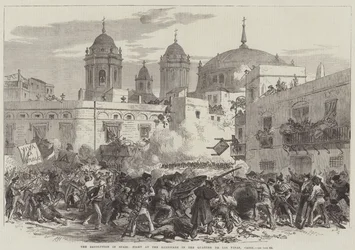 Die Revolution in Spanien, Kampf an der Barrikade im Viertel de Los Vinas, Cadiz (Stich)