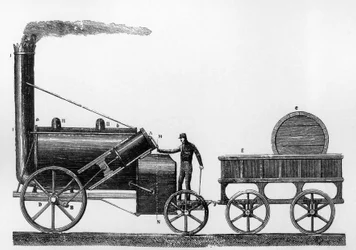 Die Rocket, Dampflokomotive entworfen und gebaut von George und Robert Stephenson im Jahr 1829 für die Liverpool-Manchester-Eisenbahn (Stich)