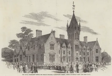 Die Königliche Freimaurerschule für Mädchen, Wandsworth Common, eröffnet am vergangenen Montag (Gravur)