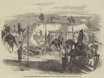 Die Sikh-Kavallerie übergibt ihre Waffen in Rawul Pindee