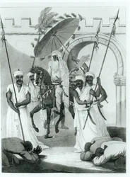 Der Sultan von Marokko kommt heraus, um Audienz zu geben, aus Travels through France and Spain to Morocco von Maurice Keatinge, veröffentlicht 1817