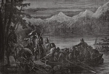 Die Waldenser überqueren den Genfersee bei Nacht, Illustration aus Die Geschichte des Protestantismus von James Aitken Wylie, veröffentlicht 1878