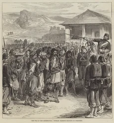 Der Krieg in der Herzegowina, türkische Soldaten bringen Gefangene (Stich)