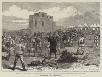 Der Krieg im Sudan, Hauptquartierlager außerhalb von Souakim, Gefangene bei der Reinigung des Lagers (Stich)