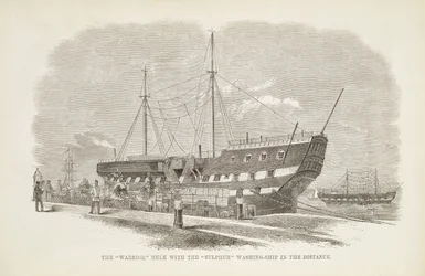 Der Krieger-Hulk mit dem Schwefelwaschschiff in der Ferne, aus The Criminal Prisons of London and Scenes of Prison Life von Henry Mayhew (1812-87) und John Binny, 1862