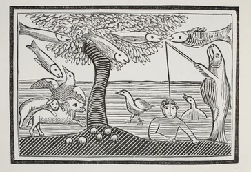 Das Wasserwunder oder Fische als Herren der Schöpfung, Illustration aus Chap-books des achtzehnten Jahrhunderts von John Ashton, veröffentlicht 1882