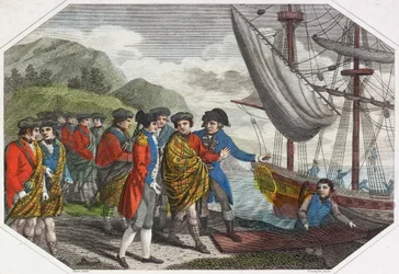 Der junge Prätendent nach seiner Niederlage bei Culloden auf dem Weg nach Frankreich (farbiger Stich)