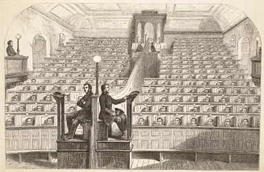 Die Kapelle im separaten System im Pentonville-Gefängnis während des Gottesdienstes, Illustration aus The Criminal Prisons of London and Scenes from Prison Life von Henry Mayhew und John Binny, veröffentlicht 1862
