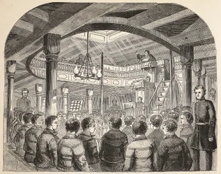 Die Gefängniskapelle an Bord der Defence-Hulk in Woolwich, Illustration aus The Criminal Prisons of London and Scenes from Prison Life von Henry Mayhew und John Binny, veröffentlicht 1862