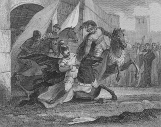 Das Pferd von Alboin, König der Langobarden, stürzt beim Betreten der Stadt Pavia, 572