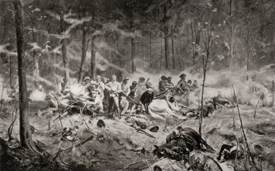 Der letzte Widerstand von Major Allan Wilson am Shangani-Fluss, Matabeleland, während des Ersten Matabele-Kriegs 1893, nach dem Gemälde von Allan Stewart, aus 