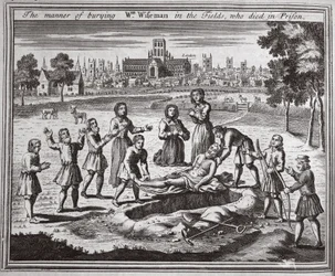 Die Art der Beerdigung von Wm Wiseman auf den Feldern, der im Gefängnis starb, Illustration aus Foxes Märtyrer, ca. 1703
