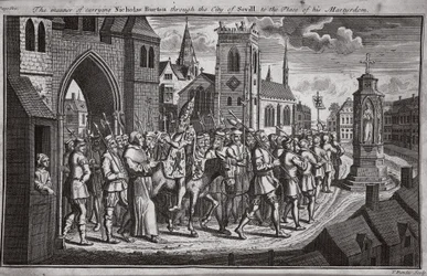 Die Art des Transports von Nicholas Burton durch die Stadt Sevilla zu seinem Martyrium, Illustration aus Foxes Märtyrer, ca. 1703