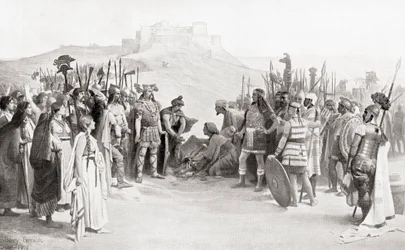 Das Treffen von Hannibal mit den Ceutrones, einem keltischen Stamm des antiken Gallien, während seiner Alpenüberquerung im Jahr 218 v. Chr., aus Hutchinson