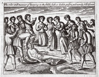 Die Ordnung und Weise der Beerdigung auf den Feldern derer, die im Gefängnis starben, und namentlich Will Wiseman, Illustration aus Acts and Monuments von John Foxe, neunte Ausgabe, veröffentlicht 1684