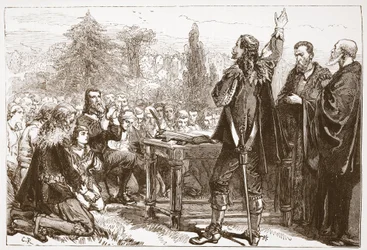 Das Schwören und Unterzeichnen des Nationalen Bundes im Greyfriars-Kirchhof, Edinburgh, Illustration aus The History of Protestantism von James Aitken Wylie, veröffentlicht 1878