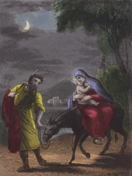 Dann erhebe dich und fliehe, nach Ägypten fliehe, mit Eile ... (farbiger Stich)