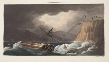 "Versuche unternommen", Milton, Detail aus dem Frontispiz von "Die Aeropleustische Kunst oder Navigation in der Luft durch den Einsatz von Drachen oder Auftriebssegeln, veröffentlicht 1827 (handkolorierte Aquatinta)