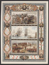 Drei Vignetten, die See- und Landschlachtszenen darstellen, einschließlich R. Caton Woodvilles 