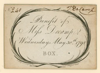 Ticket für Drury Lane Theatre, London: Benefiz von Miss Decamp, 30. Mai 1798