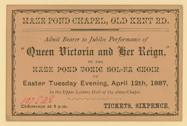 Ticket für eine Aufführung von Königin Victoria und ihre Herrschaft