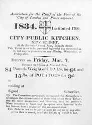 Ticket für Bedürftige zum Erhalt von Kohle und Kartoffeln aus der städtischen Volksküche, New Street, London, 1834
