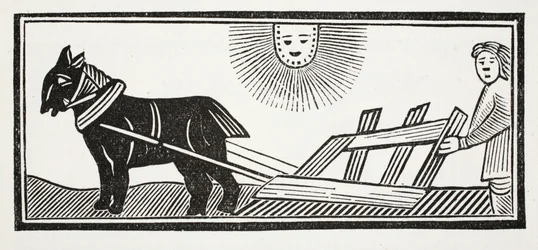 Es ist ein Pflug, der die Eingeweide der Erde für die Aussaat von Korn aufbricht, Illustration aus Chap-books des achtzehnten Jahrhunderts von John Ashton, veröffentlicht 1882