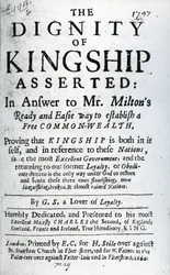 Titelseite für The Dignity of Kingship Asserted von G.S. a Lover of Loyalty, veröffentlicht 1660