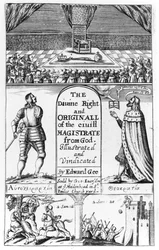 Titelseite zu The Divine Right and Original of the Civil Magistrate from God, graviert von Edward Gee, 1658