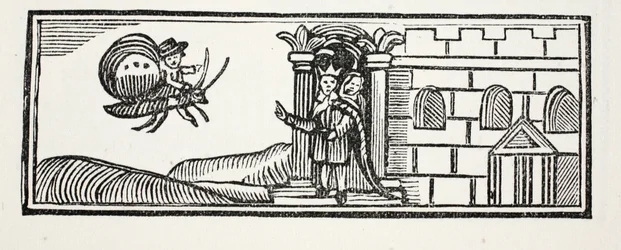 Tom versteckte sich und versuchte auf dem Rücken eines Schmetterlings zu entkommen, Illustration aus Chap-books des achtzehnten Jahrhunderts von John Ashton, veröffentlicht 1882
