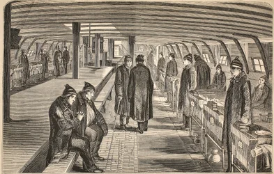 Oberdeck des Unite-Krankenhausschiffs, das den Hulks in Woolwich angegliedert ist, Illustration aus The Criminal Prisons of London and Scenes from Prison Life von Henry Mayhew und John Binny, veröffentlicht 1862