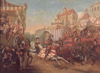 Turnier in Calais im Jahr 1416, Darstellung von Richard, Earl of Warwick, der Collard Fynes vom Pferd stößt