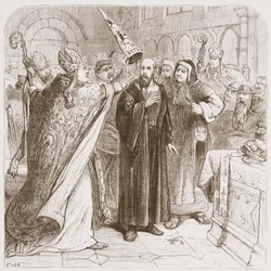 Prozess gegen Hus: Erniedrigung des Märtyrers, Illustration aus Die Geschichte des Protestantismus von James Aitken Wylie, veröffentlicht 1878