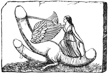 Dreifacher Phallus mit Flügeln, Beinen eines Hundes und einer weiblichen Figur in römischer Stola, die Zügel hält, Basrelief-Skulptur aus Nîmes in Frankreich