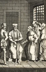 Zwei spanische Mönche sprechen mit Mr. Bradford, Illustration aus Foxes Märtyrer, ca. 1703