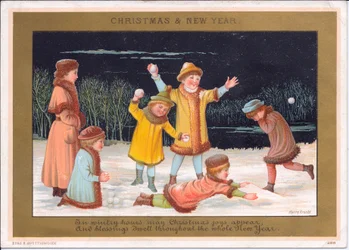 Viktorianische Weihnachts- und Neujahrskarte mit Kindern, die im Schnee spielen und Schneebälle werfen, ca. 1880