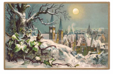 Viktorianische Neujahrskarte von einer Kirche und Häusern in einer verschneiten Mondnacht, ca. 1880