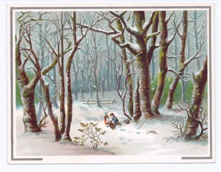 Viktorianische Grußkarte mit zwei Kindern, die im Schnee Zweige sammeln, ca. 1880